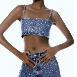 Zara Denim Embellished Rhinestone Crop Top